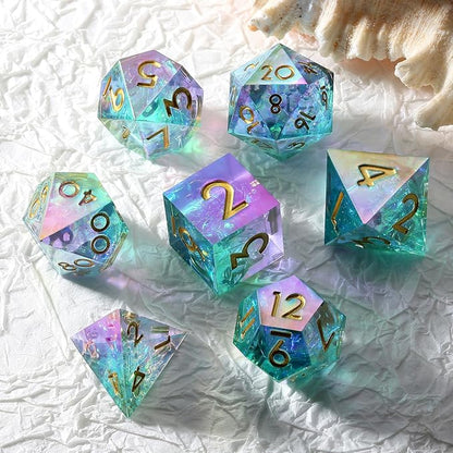 Iridescent Plating Sharp DND Dice, DNDND Handmade Resin Sharp Edge D&D Die with Gift Case for Dungeons and Dragon Tabletop Games (Iridescent Plating)
