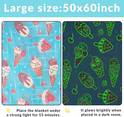 Glow in The Dark Ice Cream Blanket Blue Throw Blanket Food Blanket Unique Birthday Gifts for Girls Teens Kids Funny Blankets for Couch Sofa Bed