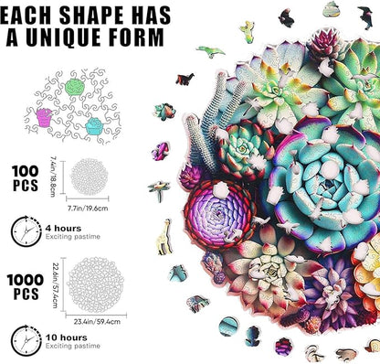Wooden Jigsaw Puzzles - Mandala Succulent Plants, 100 Piece Luxurious Shaped Wooden Puzzles for Adults and Kids, Family Game, 7.7'' x 7.4''