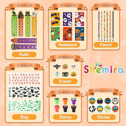 Shemira Halloween Party Favors for Kids,168pcs Halloween Stationery gift kit,Halloween Miniatures Prizes,Trick or Treating Goodie Bag Fillers including Notepad,Stamper,Sticker,Pencil,Eraser,Ruler