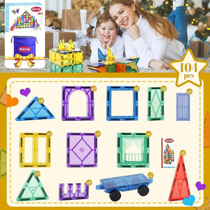Magnetic Tiles 104PCS with 2 Cars – Montessori Magnetic Blocks for Toddlers | Sensory Toys, Outdoor Activities, Classroom Must Haves, 3 Year Old Girl Gifts, Toys for 3 Year Old Boys