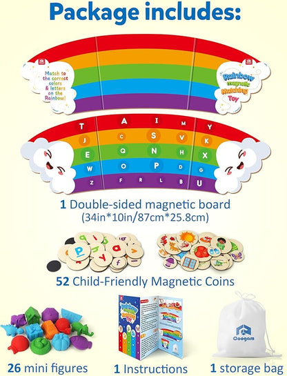 Coogam Rainbow Alphabet Learning Toy, Magnetic Letters and Mini Figures Sorting Matching Game, Fine Motor Educational Teaching Activity for Preachool Kids 3 4 5 Year Old