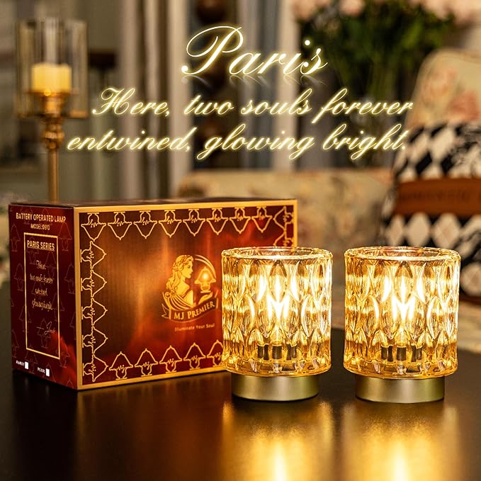 Battery Operated Table Lamps Timer, Mini Crystal Lamp for Area No Plug, Cordless Lamp with LED Bulb for Power Outage, Decorative Lamps for Tabletop/Corner/Entryway/Stairway/Bathroom/Fireplace(2*AMBER)