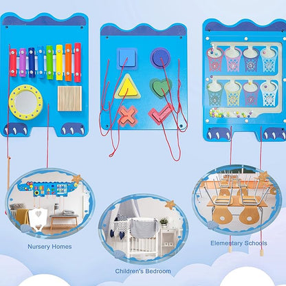Crocodile Sensory Toys Activity Wall Panels - Montessori Busy Board, Toddler Learning Panel, Wall-Mounted Playroom/Daycare Educational Toys, Interactive Wooden Gift for Kids 3-6, Blue