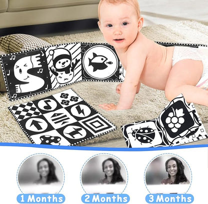 KUANGO Newborn Toys Black and White Baby Toys 0-3 Months High Contrast Baby Toys for Newborn - High Contrast Baby Soft Book Infant Tummy Time Toys Crinkle Sensory Toys for Brain Development