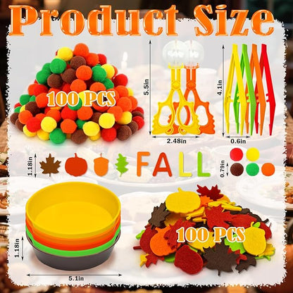211 Pcs Fall Sensory Bin Filler Fall Sensory Bin Items Fine Motor Toys Counting Sorting 100 Pom Poms 100 Fall Felt Leaves Pumpkin 5 Sorting Cup for Fall Sorting Counting Training