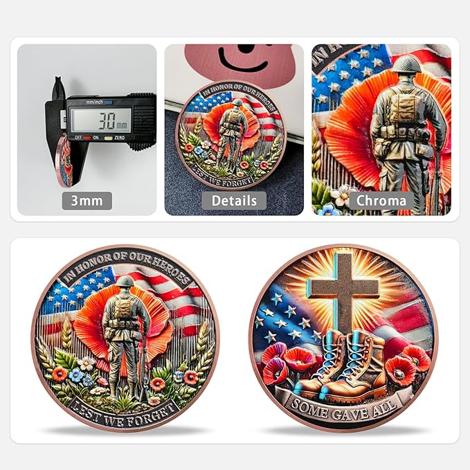 AtSKnSK Memorial Tribute Challenge Coin Some Gave All Lest We Forget Thank You for Your Service Military Coin (Poppy Military Boots, 50)