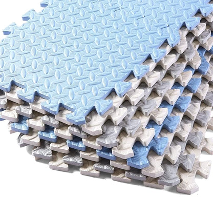 Foam Floor Mats for Kids, 12 x 12 Inch 16 Tiles 0.4" Thickness Foam Play Mat, Non-Toxic Square Interlocking Floor Mats Rubber Baby Play Mat for Toddlers(White/Gray/Gray Blue)