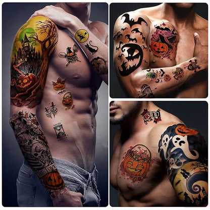 Yazhiji 40 Sheets Halloween Temporary Tattoos Pumpkin Witch Sugar Skull Tattoo Family Set Tats for Women Men Boys and Girls