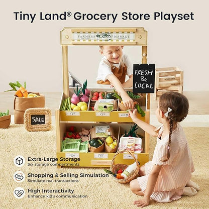 Tiny Land Wooden Play Store – Pretend Farmers Market & Coffee Shop with Cash Register, DIY Price Tags, Chalkboard, Pretend Grocery Store Role Play Toy for Toddlers