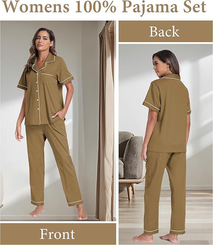 CF Womens 100% Cotton Pajamas Set Button Down Pjs Sets Short Sleeve Top & Long Pants Sleepwear Comfy Loungewear with Pockets