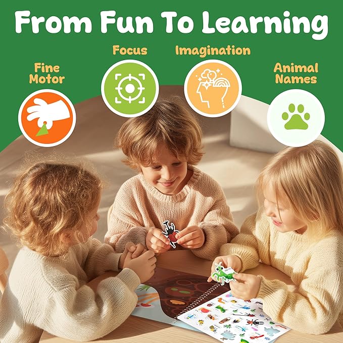Excool Club Pack 3 Toddler Reusable Sticker Book - Waterproof Jelly Sticker Book for Kids, Dinosaur, Vehicle, Animal Stickers Books Travel Toys Activities, Cute Birthday Gifts for Boy Girl