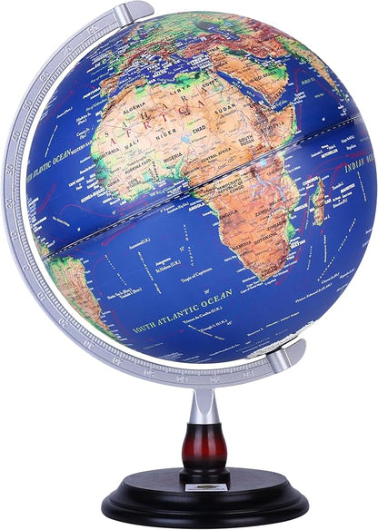 12” Raised Relief World Globe with LED Light, Desk Globe with Wood Base & Metal Meridian,Educational Geography Tool for Students, Teachers & Office Decor(Blue, 12 Inch)