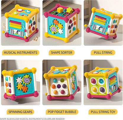 Baby Activity Cube, 6-in-1 Montessori Toys for 1-2 Year Old Boys and Girls, Multi Sensory Shape Blocks, Travel Music Toys for Toddlers 1-3