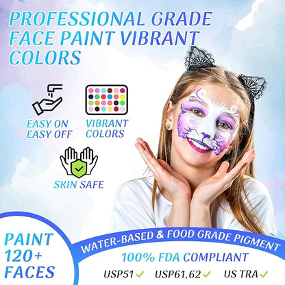 Face Painting Kit for Kids & Adults,18 Color+15 Color Non-toxic Water Activated Face Paint Palette,Halloween Makeup Kit.Ideal for Halloween,Carnival,Cosplay,Party,Arty Stage Makeup.