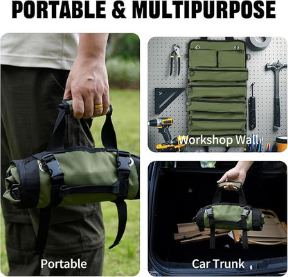 Portable Foldable Roll-Up Waterproof Tool Bag Organizer with 5 Compartments & 2 Detachable Pouches, Heavy-Duty Tool Pouch Bag, Dad Men Electrician Mechanic Gifts (Army green)