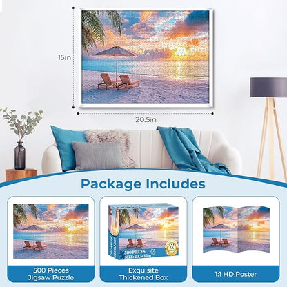 Puzzles for Adults 500 Pieces,Hawaiian Sunset Beach Puzzle for Adults,500 Pieces Tropical Ocean Sunrise Puzzles,Beach Chair Jigsaw Puzzle,Perfect for Game Night Giving Puzzle,20.5x15 in