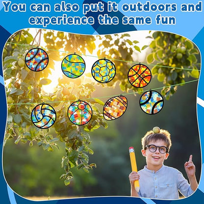 32 Sets Sports Ball Suncatchers Craft Kit DIY Window Stained Glass Effect Football Baseball Basketball Paper Craft Home School Classroom Decoration Kid Birthday Gift Creative Art Project Activity Game