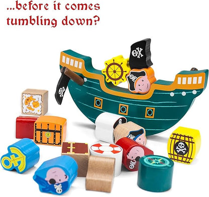Imagination Generation Wooden Wonders Balancing Playset | Develops Dexterity, Motor Skills, Sharing Skills | Safe Wood & Paint | 18 PC Pirate Boat Playset