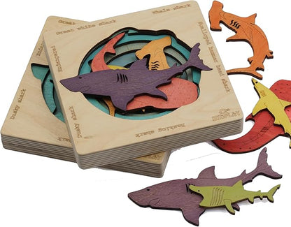 Endangered Sharks | Multilayered Wooden Jigsaw Puzzles for Kids | Hammerhead, Great White, Whale, Dusky, Basking | Learning Toy & Gift for Boys Girls Ages 3 Years and Above
