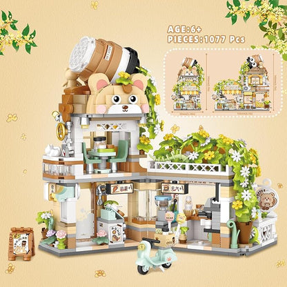 Street View Coffee Shop Mini Building Blocks, MOC Creative Building Toys Cute Animals Building Set for Girls 6-12, Simulation Architecture Construction Toy, Gift Idea for Kids Adults (1077 PCS)
