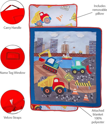 EVERYDAY KIDS Toddler Nap Mat with Removable Pillow -Under Construction- Carry Handle with Fastening Straps Closure, Rollup Design, Soft Microfiber for Preschool, Daycare, Sleeping Bag -Ages 2-6 years