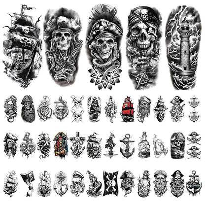 77 Sheets Pirate Skull Temporary Tattoo for Women Men, 17 Sheets Half Arm Large Flower Skeleton Octopus Fake Tattoos, 60 Sheets Anchor Clock Black Tiny for Adult Kids Body Tattoos Stickers Realistic
