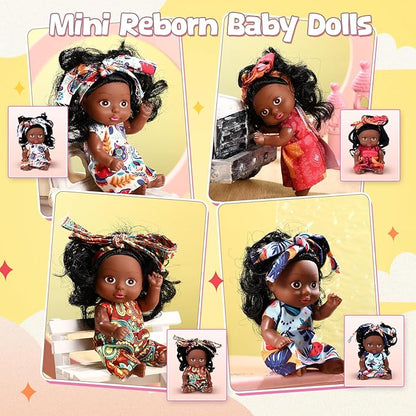 Hanaive 4 Pcs 4 Inch Mini Baby Dolls Lifelike Realistic Baby Dolls Animal Clothes Cute Tiny Gifts for Kids Birthday Party (Black Style)