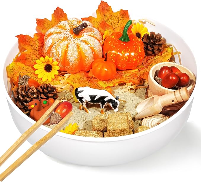 Hiawbon Thanksgiving Sensory Bin Kits, Fall Sensory Bin Fillers, Maple Leaves Pumpkins Pine Cones Sensory Box for Thanksgiving Fall Decor Birthday