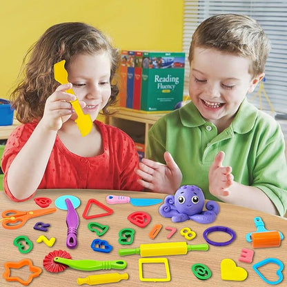 Dough Tools 55 PCS Dough Play Tools Set for Kids, Plastic Alphabet Numbers Shapes Cutters, Rollers, Scissors