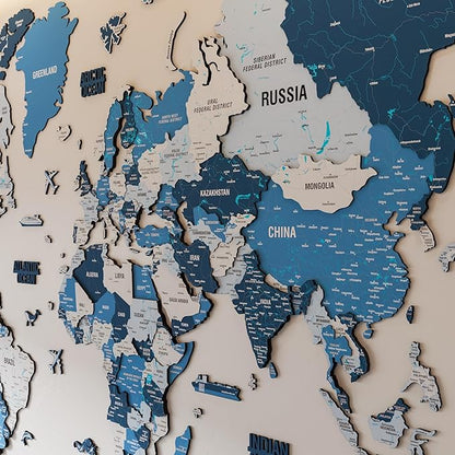 Colorfull Worlds 3D Wooden World Map Wall Art - Premium Multicolored World Travel Map for Wall Decor with Push Pins- Ideal Housewarming Gift & Travel Tracker (Medium, Navy)