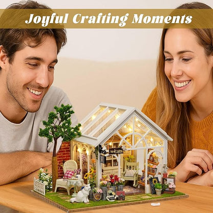 Flever DIY Miniature House Kit, Tiny Home Kit with LED Light, Mini House Build Craft Kits for Adults and Teens, Home Decor Creative Gift for Family/Friends (Sunshine Greenhouse)