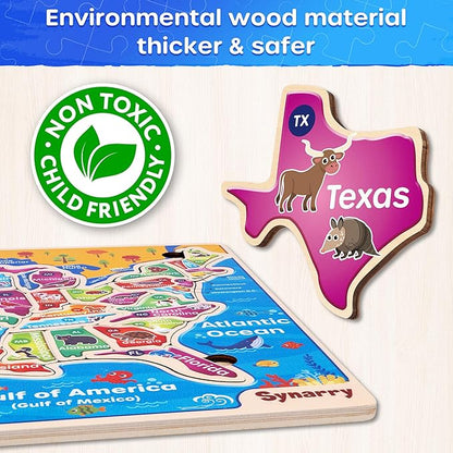 SYNARRY Large USA Wooden Puzzles for Kids Ages 3-5, Learning United States Map Puzles for Kids Ages 4-6, Wood Jigsaw Puzzles Educational Games Toys Gifts for Boys Girls Ages 3-8