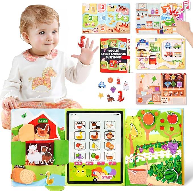 Giant bean Busy Book for Toddlers 1-3, Busy Board Montessori Toys with Sound Panel for 1 2 3 4 5 Year Old, Activity Book Preschool Learning Toys Quiet Books, Birthday Gift, Travel Toy for Airplane Car
