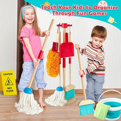 Lonico Wooden Kids Cleaning Toy Set Pretend Play Toys, 12 Pcs Toddlers Cleaning Mop Broom and Dustpan Set with Organizing Stand/Bucket/Duster/Brushes, Toddler Toys Gift for Boys Girls Aged 3 4 5 6