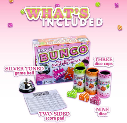 Continuum Games Box of Bunco Game Party Box for Ladies Night with The Girls, Adult Games for 2-12 players with 3 Sets of Bunco Dice, Bell, and Score Pad for Ladies Night Games, Bunco Gifts for Women