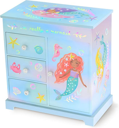Mermaid Musical Jewelry Box for Girls - Kids Music Box with Drawers, Mermaid Mermaid Gifts for Girls, Mermaid Jewelry Boxes for Ages 3-10 - 9 x 5 x 9.3 in, Blue