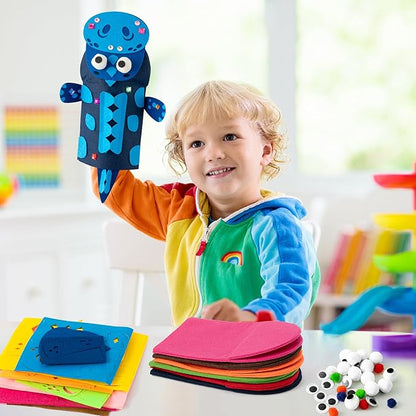WATINC 6Pcs Hand Puppet Making Kit, Art Craft Felt Sock Puppet Toys, Creative DIY Make Your Own Pompoms Wiggle Googly Eyes Storytelling Role Play Party Supplies Gift for Girls Boys (Dinosaurs A)