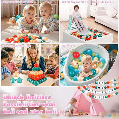 Ball Pit Balls Pack of 100 200 500 - Star and Round Set BPA Free Phthalate Free Non-Toxic Crush Proof Play Balls Soft Plastic Balls for Toddlers Baby Kids Birthday Pool Tent Party
