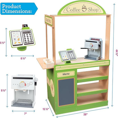 Pretend Coffee Shop Wooden Playset- Drive Thru Window Holiday Fun- Frappuccino, Straws, Espresso Maker, Bread, Pastries, Rotating Cash Register, Coffee Cups, Apron- 25+ Play Pieces Kids Xmas Gift