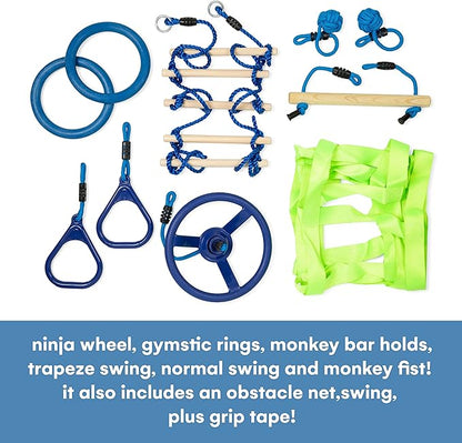 Flybold Slackline Obstacle Course for Kids - Ninja Warrior Training Kit with 8 Adjustable Obstacles, Twin Gear Ratchet, Outdoor Ninja Course for Kids - 40 ft Line Stainless Steel with Tree Protectors