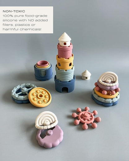 Hippypotamus Baby Stacking Toys - Teething Toys - Stacking Cups - Food-Grade Silicone Teethers - 6+ Months - Soft Bath Toy
