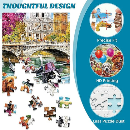 Puzzles for Adults 500 Pieces - Fun Picnic Pups Around The World Puzzle, Dog Gone Days Jigsaw Puzzle, Camping Animal Puzzles for Teens 12-16, Impossible Puzzle Perfect for Game Nights 20.5X 15 in