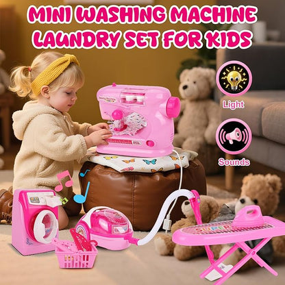 Coherny Sewing Kit for Kids Pretend Play Toys with Toy Washing Machine & Vacuum Kids Washer and Dryer Playset with Mini Sewing Machine for Dollhouse Furniture Toddles Boys Girls Cleaning Gifts