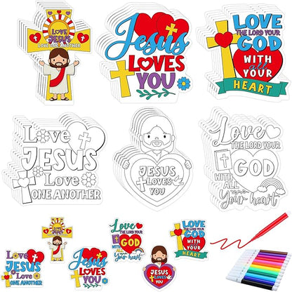 30 Sets Christian Crafts for Kids Religious Sunday School Craft Jesus Loves Me Color Your Own DIY Ornaments for Sunday Classroom Art Party Home Activities