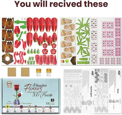 Jege 3D Flowers Wooden Puzzles for Adults,DIY Wooden 2 Flowers per Kit Building Set for Home Decor, Creative Craft Gift Toys Kits with 2 Perfume Bottles and Diffuser Sticks (Rose + Hydrangea)