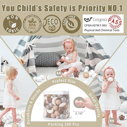 GOGOSO Ball Pit Balls Stars Moon Shapes Plastic Pitballs for Toddler Play Tent Baby Photo Props Kids Pool Water Toys Kiddie Pool Party Decor, Coffee+Beige Mix Cream Colors +Pearl Colors,100PCS