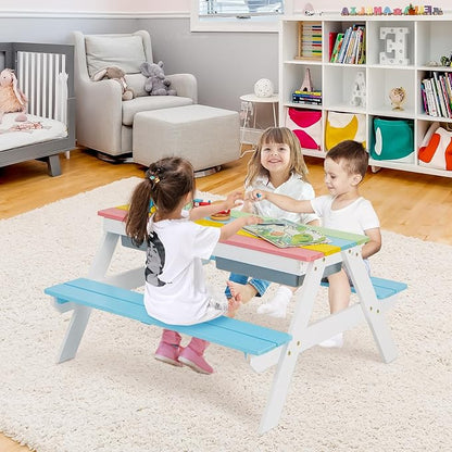 HONEY JOY Kids Picnic Table, 4 in 1 Cedar Wooden Sand & Water Table w/ 2 Removable Box & Umbrella, Kids Picnic Tables for Outdoors Backyard Garden, Toddler Patio Furniture Set for Boys Girls(Blue)