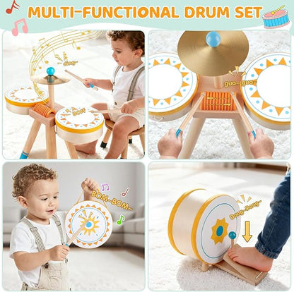 Kids Wooden Drum Kit, Montessori Musical Instruments for Toddlers, Baby Percussion Set Music Toys with Cymbal, Pedal Bass Drum & 2 Drumsticks, Educational Learning Birthday Gift for Boys Girls Ages 3+