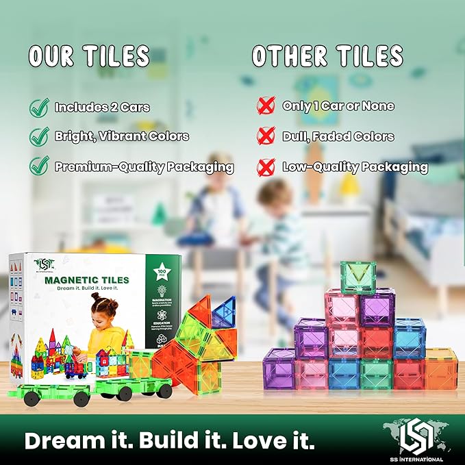 3D Magnetic Tiles 100 Pcs with 2 Cars, Magnet Building Blocks Construction Set, Magnetic Toys for Kids Ages 3-9, Educational STEM Learning Magnet Tiles with Cars